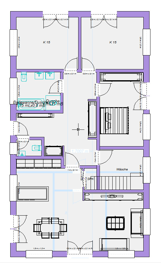 Grundriss eines Wohnhauses: Wohnzimmer, Küche, Bad, Waschraum, Treppenhaus und mehrere Zimmer.