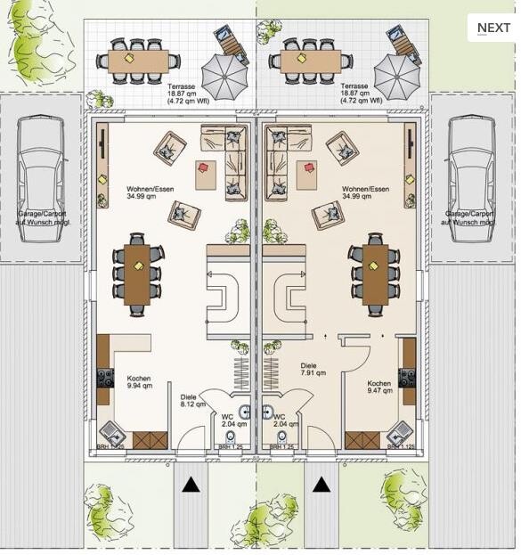 Grundriss einer Doppelhaushälfte mit Wohnzimmer, Küche, Essbereich und Terrassen