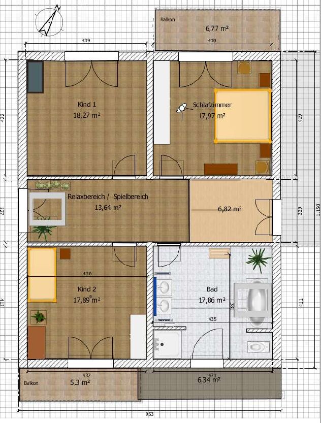 2D-Grundriss eines Hauses mit Schlafzimmer, Kinderzimmer, Bad, Wohnbereich und Balkon.
