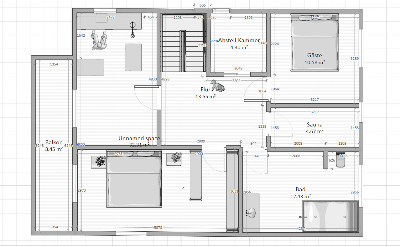 Grundrissplan eines Hauses mit Balkon, Bad, Sauna und Schlafzimmer