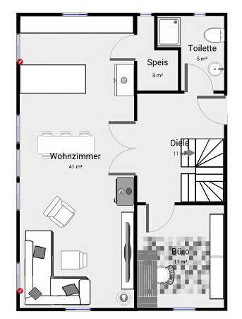 Grundriss eines Hauses mit Wohnzimmer, Büro, Diele, Speis und Toilette.