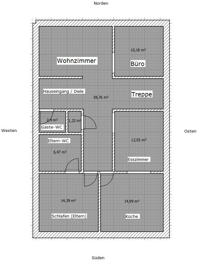 Grundriss eines Hauses mit Wohnzimmer, Büro, Treppe, Esszimmer, Küche, Schlafen (Eltern) und WC.
