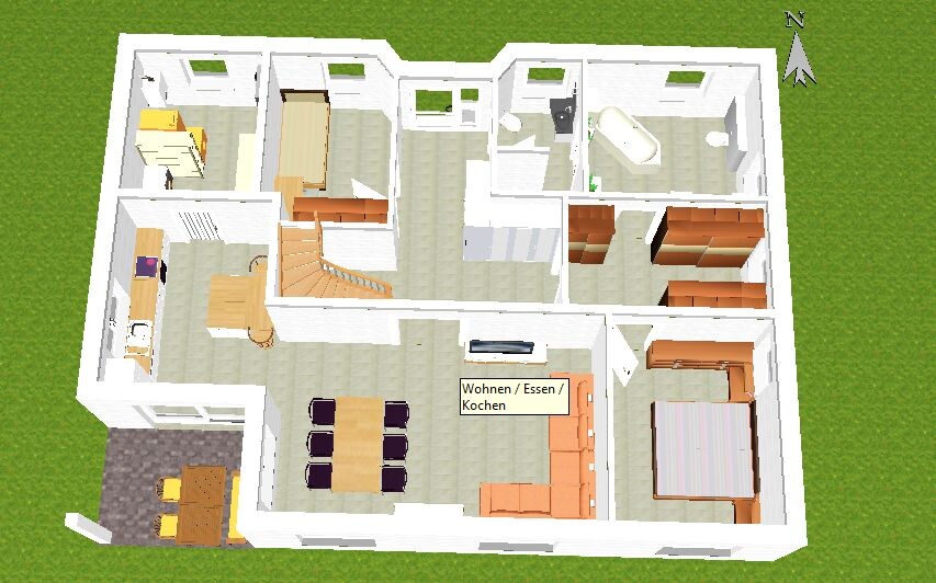 3D-Grundriss eines Hauses: Wohnzimmer, Küche, Essbereich, Schlafzimmer, Bad, Treppenaufgang.