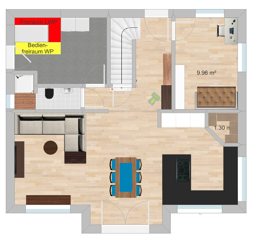 2D-Grundriss eines Hauses mit Wohnzimmer, Küche, Essbereich und Treppenhaus
