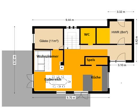 2D-Grundriss eines Hauses mit Wohnzimmer, Essbereich, Küche, Gästezimmer und WC.