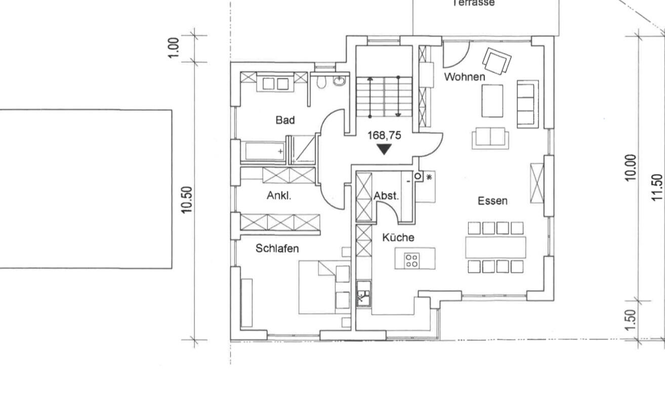 Grundriss eines Apartments: offener Wohn-/Essbereich, Küche, Bad, Schlafen, Ankleide, Abstellraum.