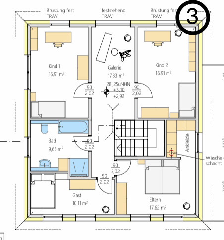Grundriss eines Hauses mit Wohnzimmer, Kinderzimmern, Elternzimmer, Gast, Bad und Treppenhaus.