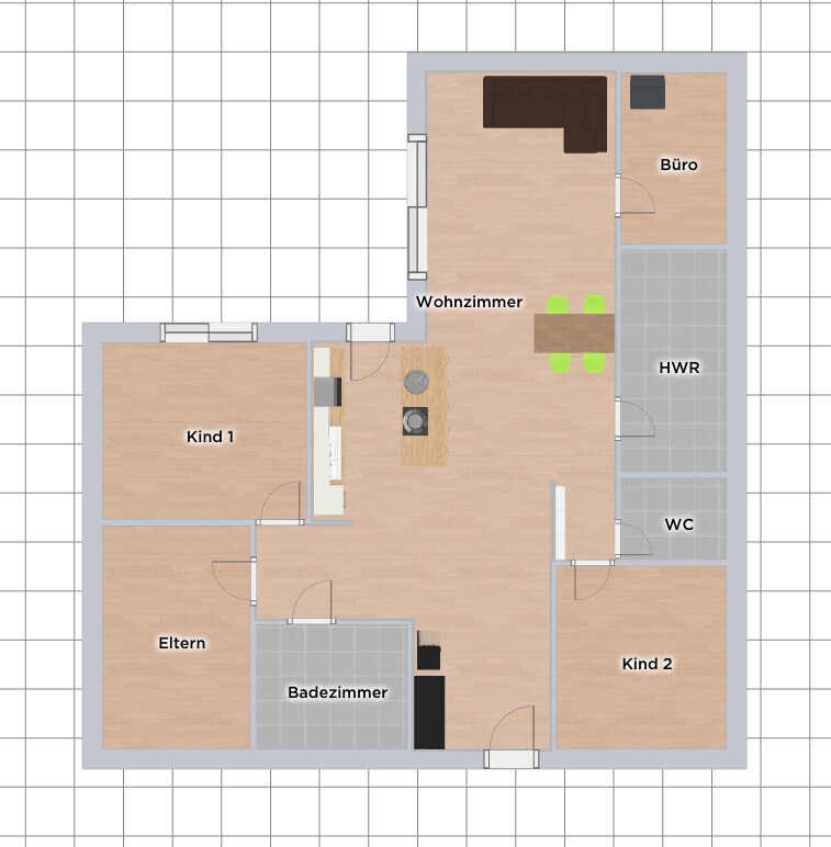 Grundriss eines Hauses: Wohnzimmer, Küche, Büro, HWR, WC, Badezimmer, Eltern- und Kinderzimmer.