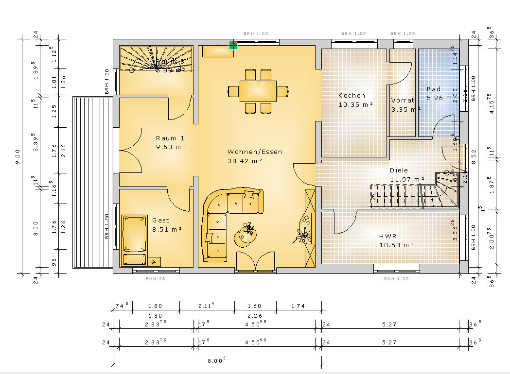 Detaillierter Hausgrundriss mit Wohnzimmer, Küche, Bad, Flur und Terrasse.