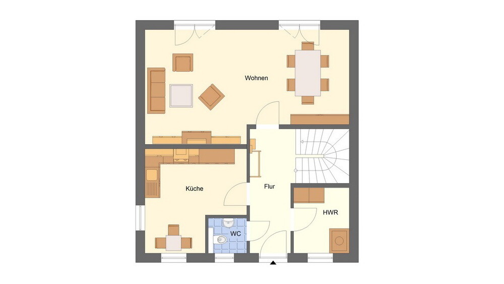 2D-Grundrissplan eines Hauses mit Wohnzimmer, Kueche, Flur und HWR
