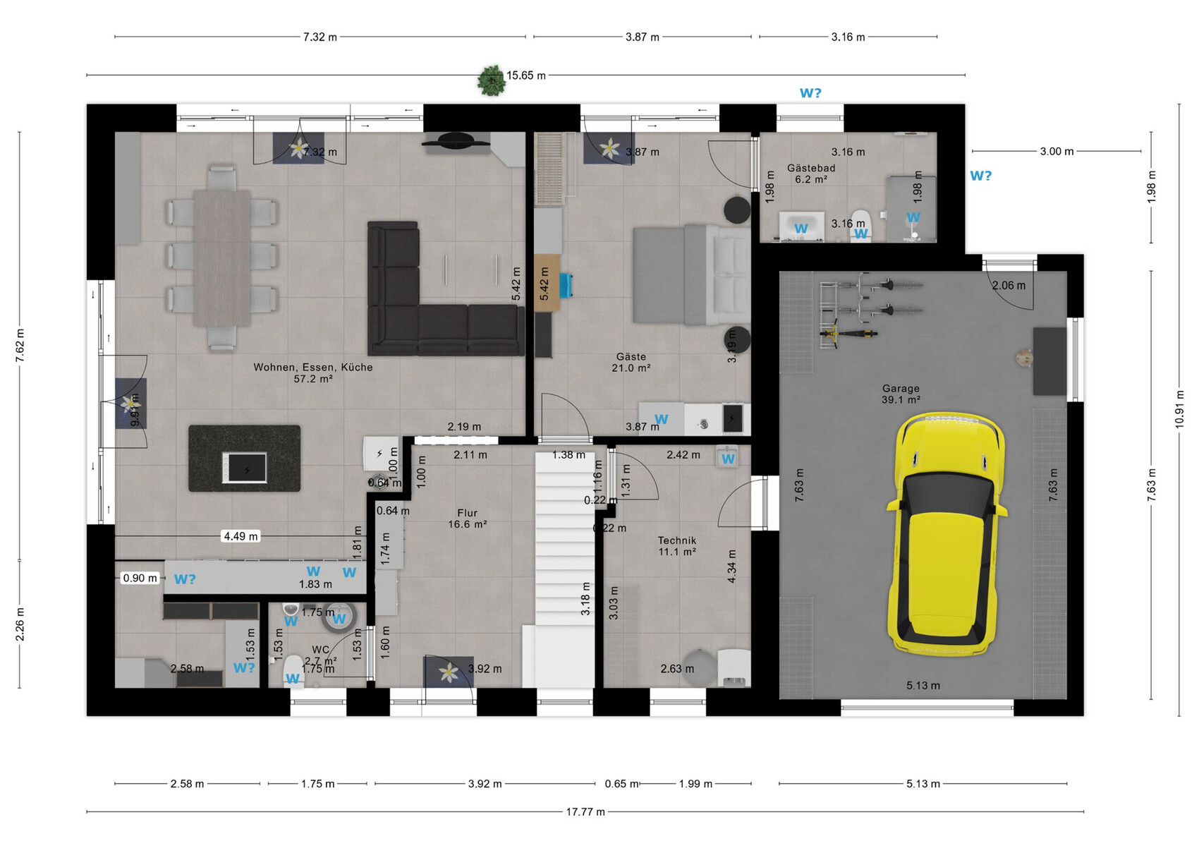 2D Grundriss eines Hauses mit offener Küche Wohnzimmer Schlafzimmer Bad und Garage