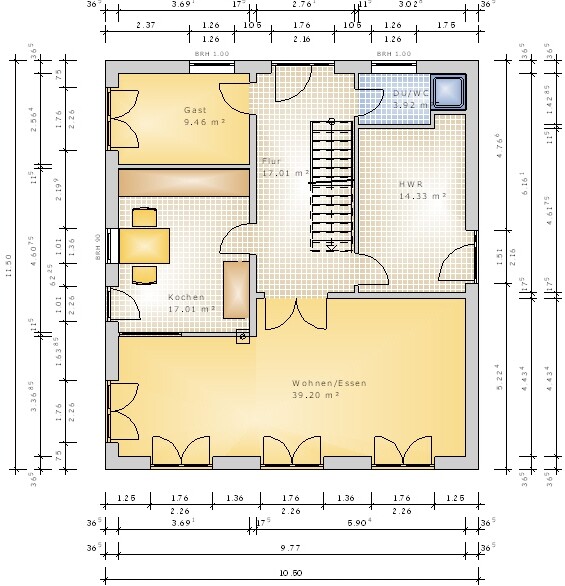 Grundriss eines Hauses: Wohnen/Essen, Küche, Gast, HWR, Dusche/WC, Treppenhaus.