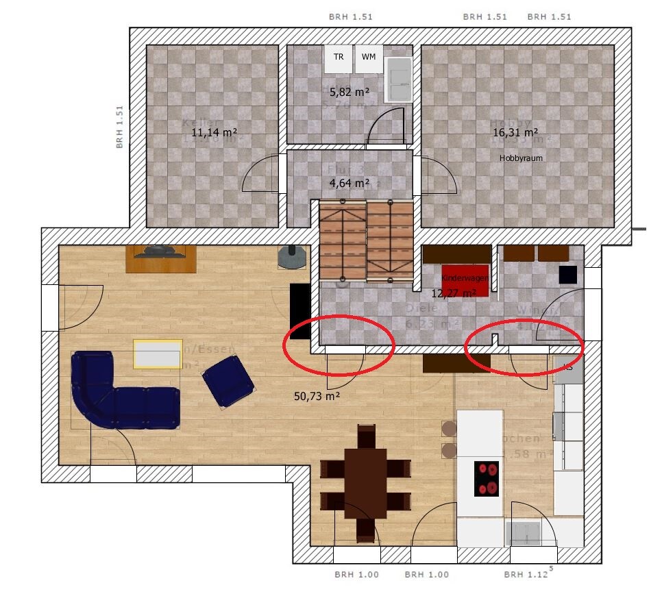 Grundriss eines Hauses: Wohnzimmer mit Sofa und Esstisch, Küche; Flur; Keller und Hobbyraum.