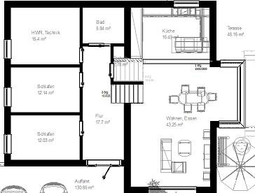 Zweidimensionaler Grundriss eines Hauses mit Küche, Wohnzimmer, Essbereich und Flur.