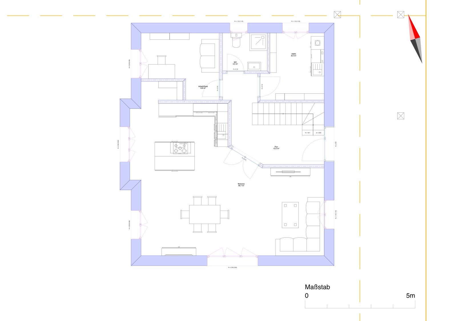 Grundriss eines Wohnhauses: Küche mit Insel, Essbereich, Wohnzimmer, Treppe, Bad.