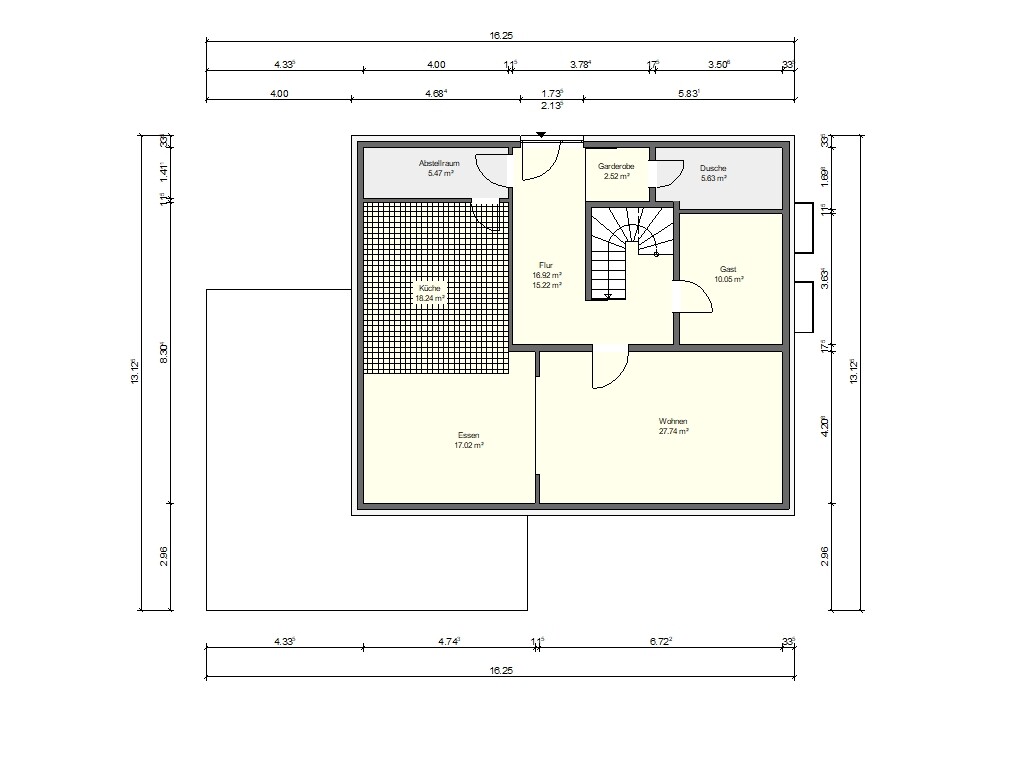 Grundriss: Flur, Küche, Essen, Wohnen, Abstellraum, Garderobe, Dusche, Gästezimmer und Treppe.
