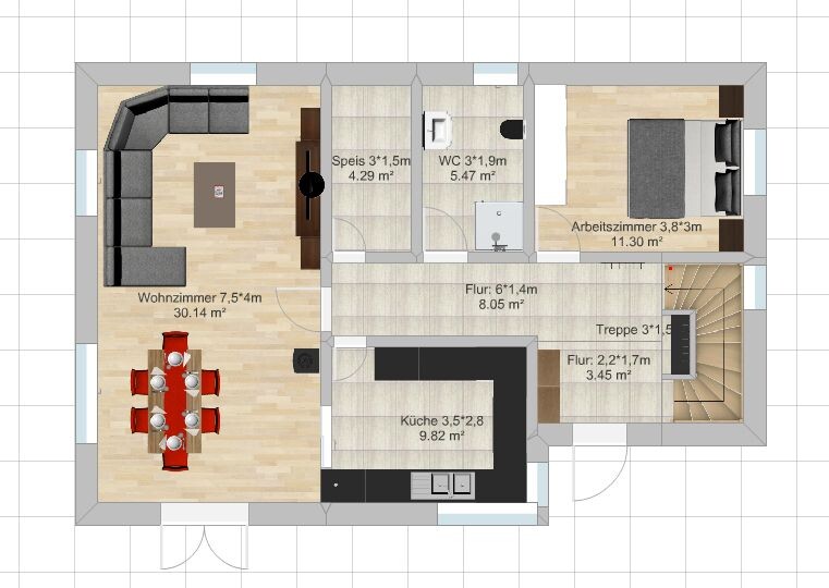 2D-Grundriss eines Hauses mit Wohnzimmer, Küche, Flur, Arbeitszimmer und Schlafzimmer