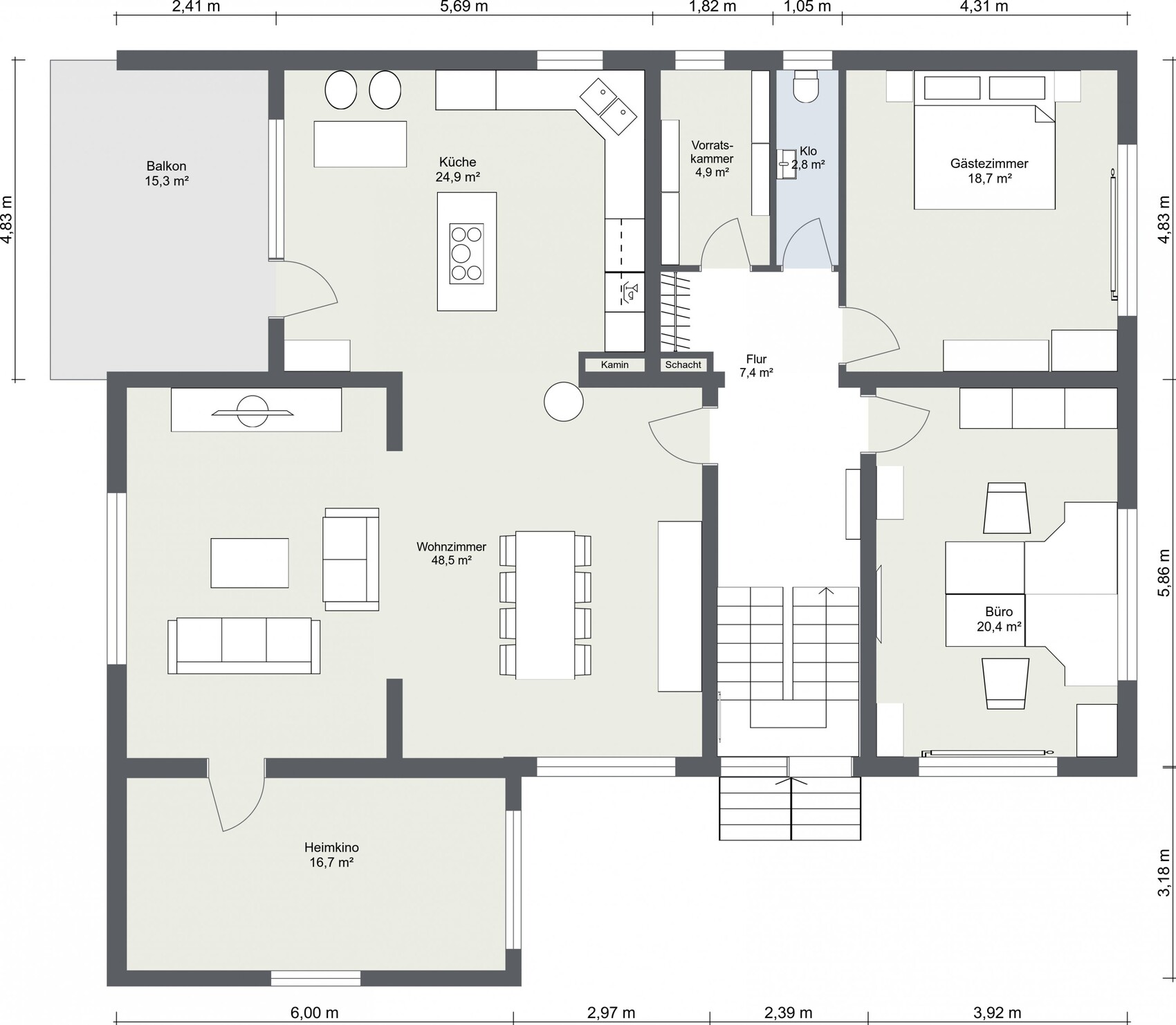 Grundriss eines Hauses mit Küche, Wohnzimmer, Gästezimmer, Büro und Balkon