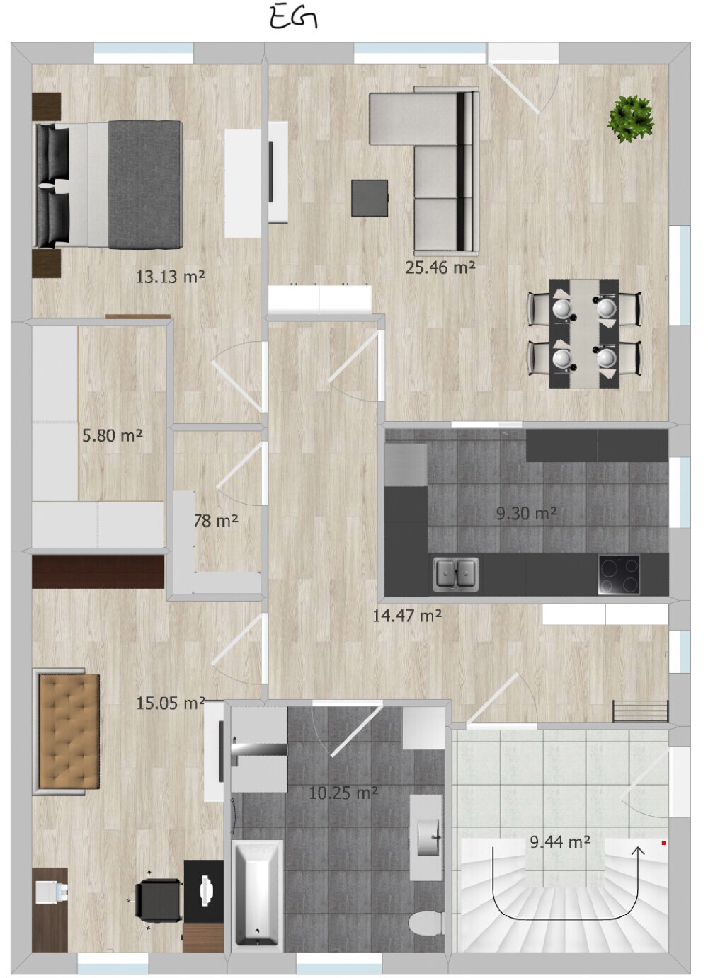 Grundriss eines Hauses mit Schlafzimmer, Wohnzimmer, Küche, Bad und Fluren
