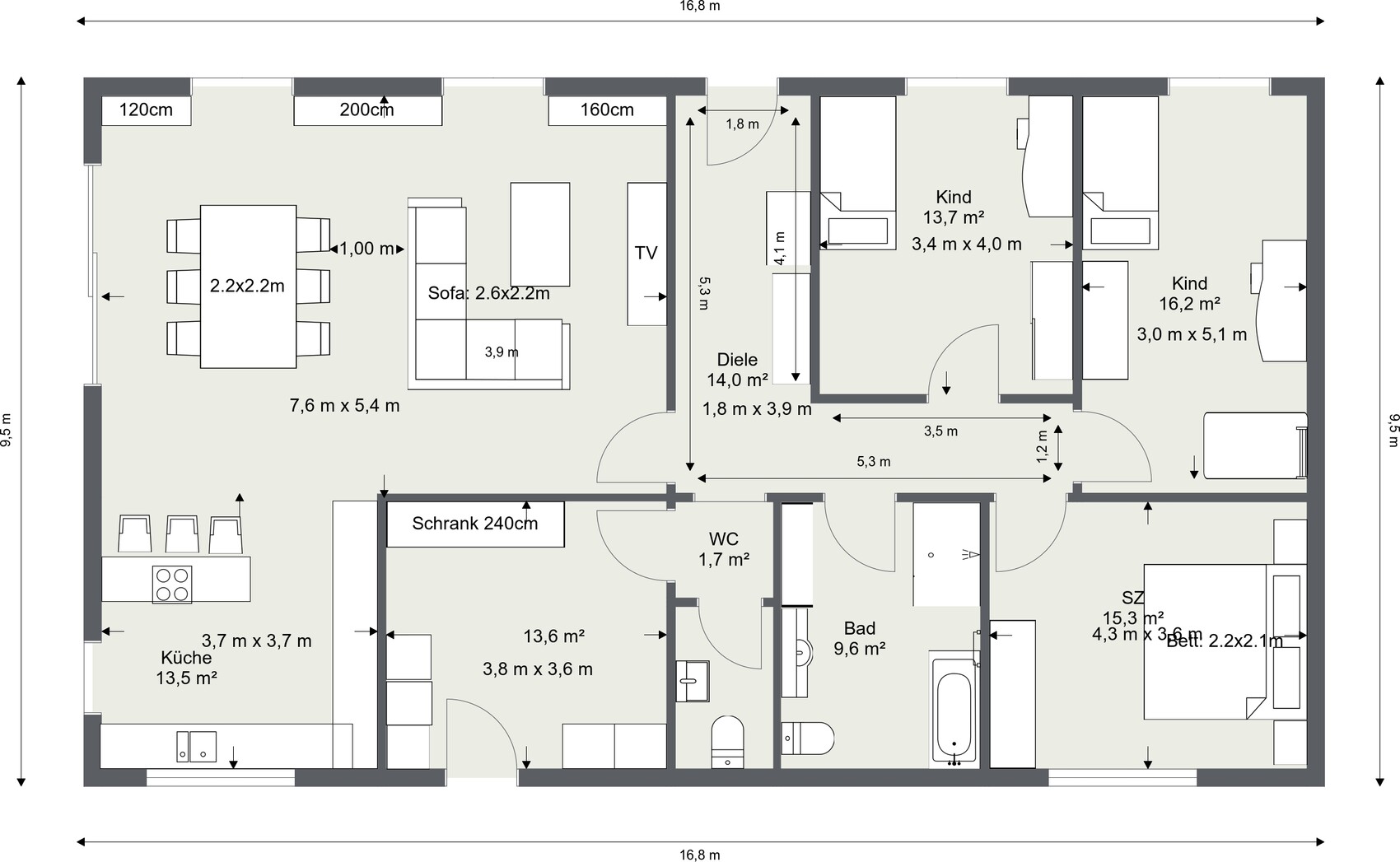 Grundriss einer Wohnung: Küche, Essbereich, Wohnzimmer, Diele, Bad, WC, Schlafzimmer, zwei Kinderzimmer
