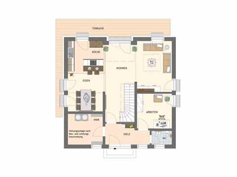Grundrissplan eines Hauses mit Küche, Wohnzimmer, Arbeitszimmer, Flur und Terrasse
