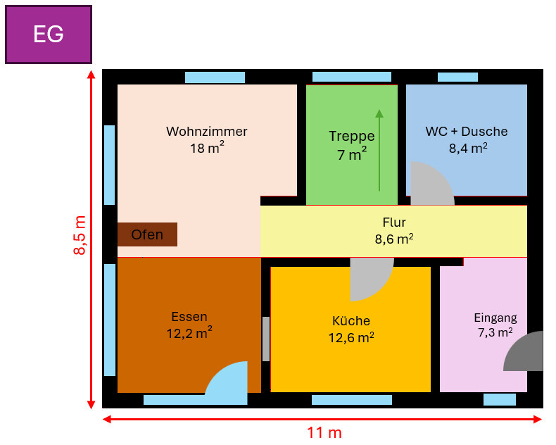 Grundriss eines Hauses mit Wohnzimmer, Küche, Flur, Treppe und Bad