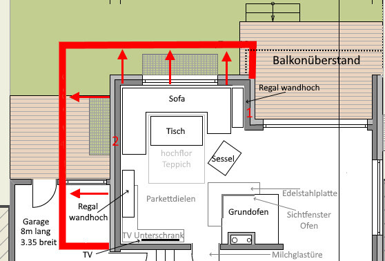 Grundriss eines Wohnzimmers mit Sofa, Tisch, Sessel, Regal, Grundofen, Balkon und TV.
