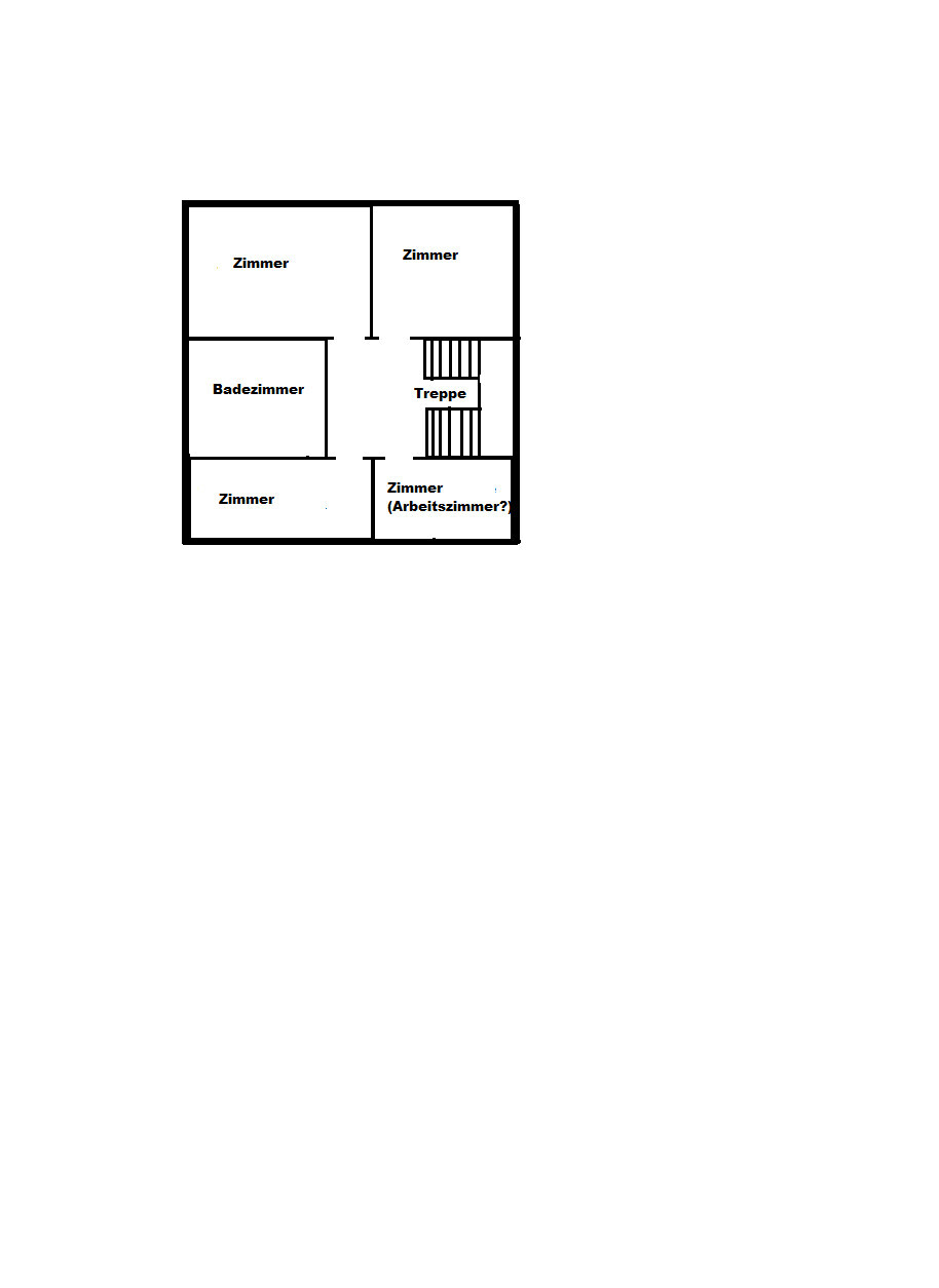 Grundriss eines kleinen Hauses mit vier Zimmern, Badezimmer, Treppe und Arbeitszimmer