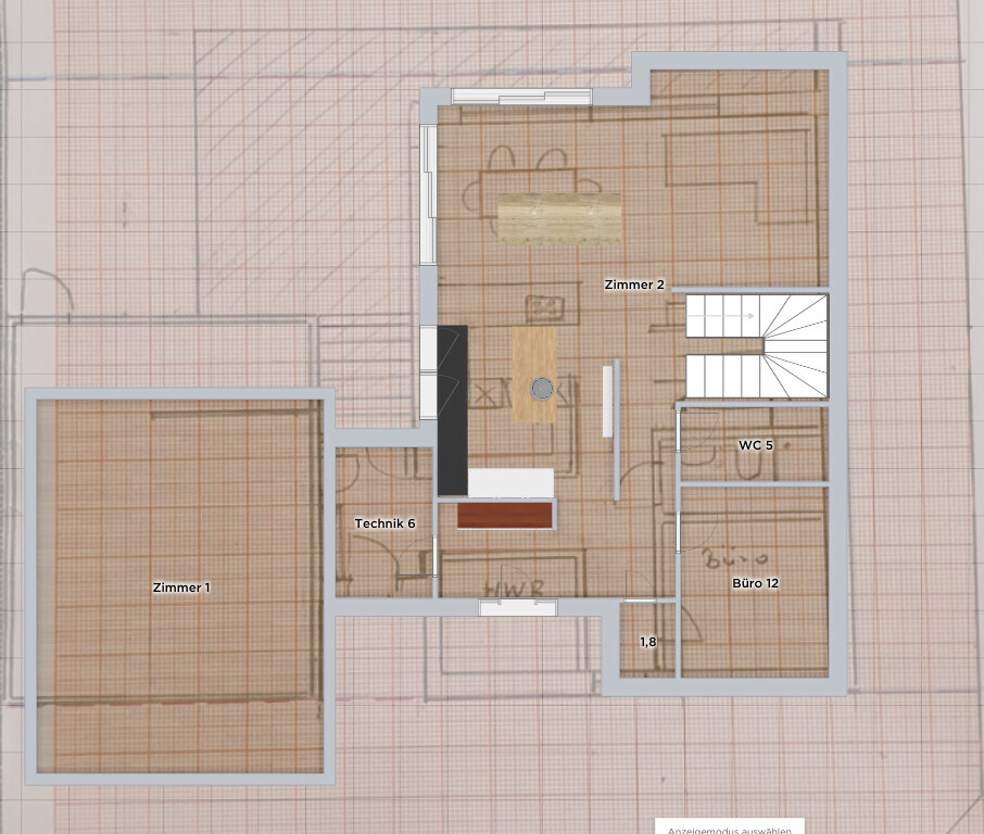 Grundriss eines Hauses mit Zimmern, Technikraum, WC und Büro