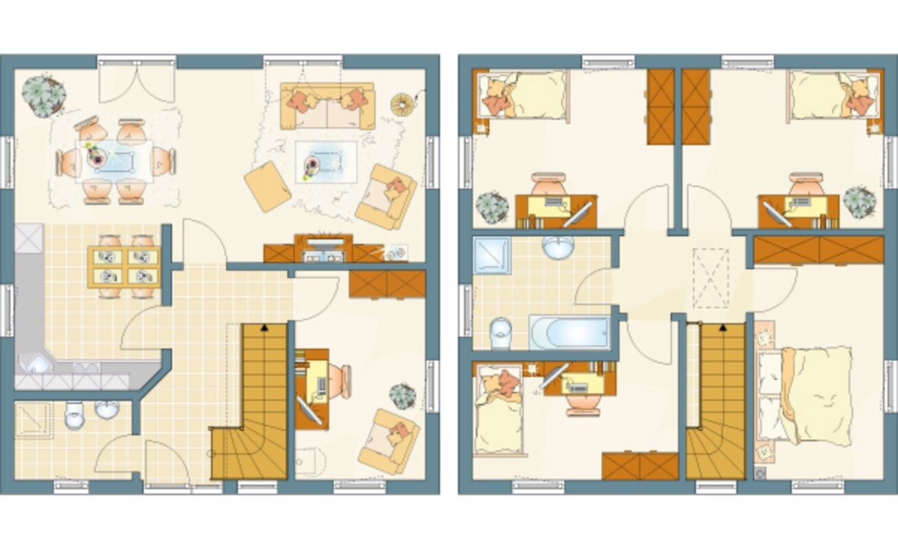 Zwei-Etagen-Grundriss: EG Küche, Esszimmer, Wohnzimmer; OG Schlafzimmer, Bad, Flur.