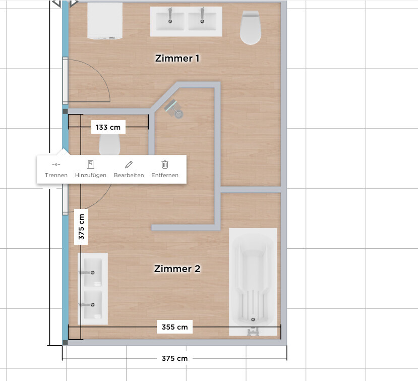 Grundriss: Zwei Zimmer mit Badewanne, Toilette, Doppelwaschbecken und Türen.