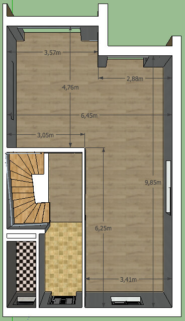 2D Grundrissplan eines Hauses mit Treppe, Eingangsbereich und Raummaßen