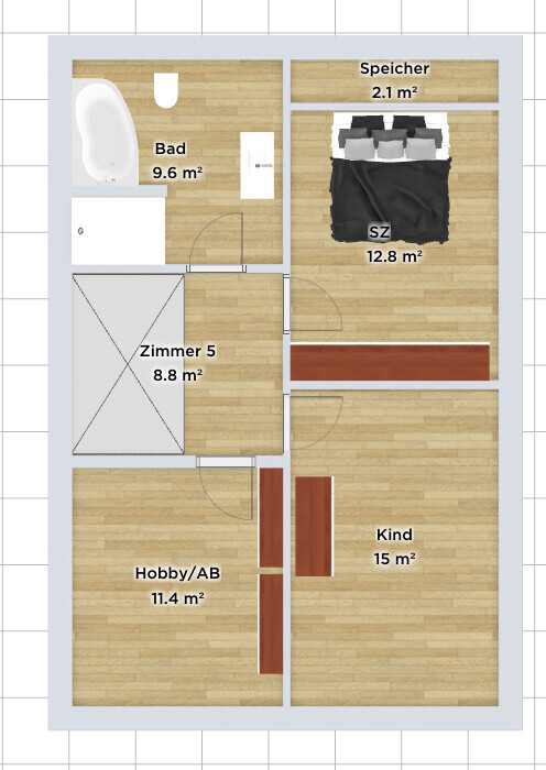 Grundriss eines Apartments: Bad 9.6, SZ 12.8, Speicher 2.1, Kind 15, Hobby/AB 11.4, Zimmer 5 8.8 m²