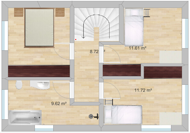 Grundriss eines Apartments: zentrale Treppe, Flur, zwei Schlafzimmer, Bad und weitere Räume