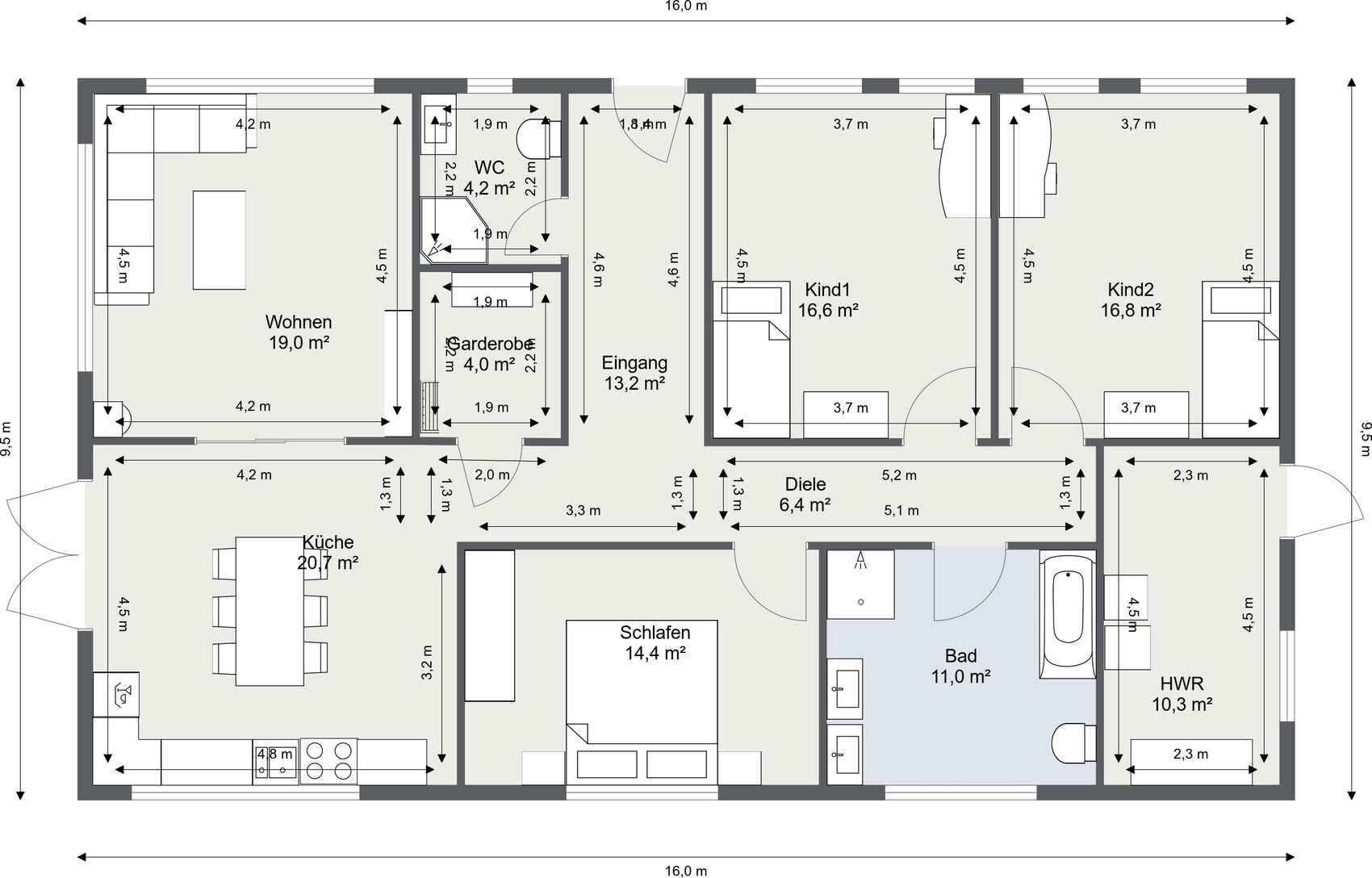 Grundriss eines Hauses: Wohn-, Küche-, Schlaf-, Bad-, HWR-, Diele- und Kindräume.