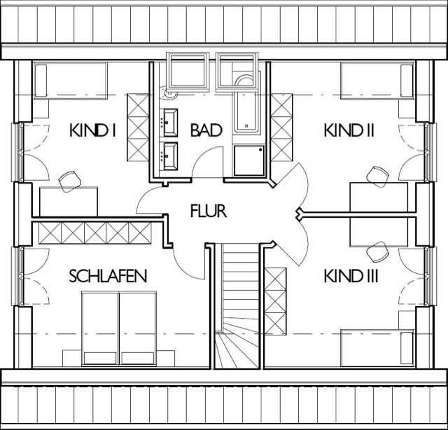 Grundriss des Obergeschosses: Flur, Bad, Treppenhaus, Schlafen und drei Kinderzimmern.