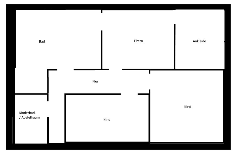 Grundriss eines Hauses mit Bad, Eltern, Ankleide, Flur, Kinderbad/Abstellraum und zwei Kinderzimmer.