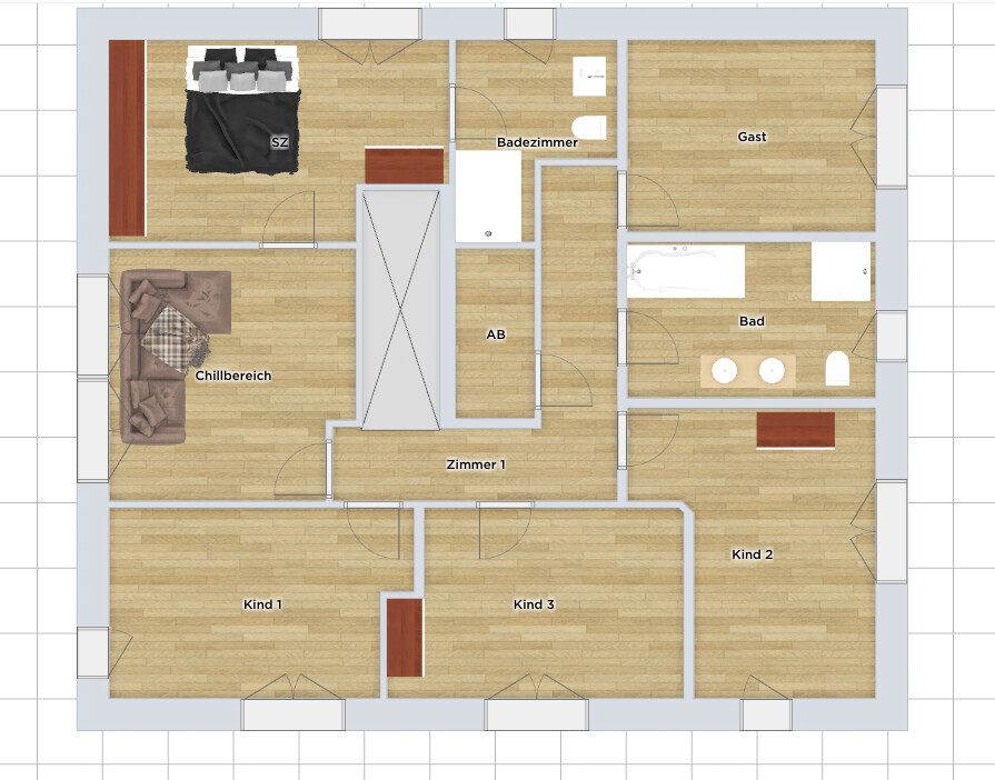 Grundriss einer Wohnung mit Schlafzimmer, Bad, Gästezimmer, Chillbereich und Kinderzimmer.