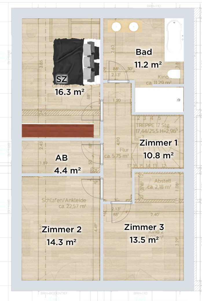 Grundrissplan eines Hauses mit Schlafzimmer, Zimmer 1-3 und Bad