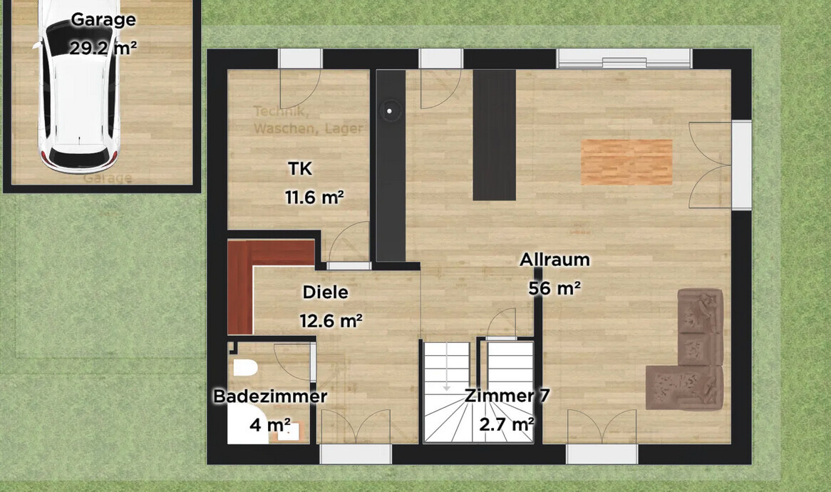 Grundriss eines Hauses mit Allraum, Diele, Bad, Zimmer und Garage