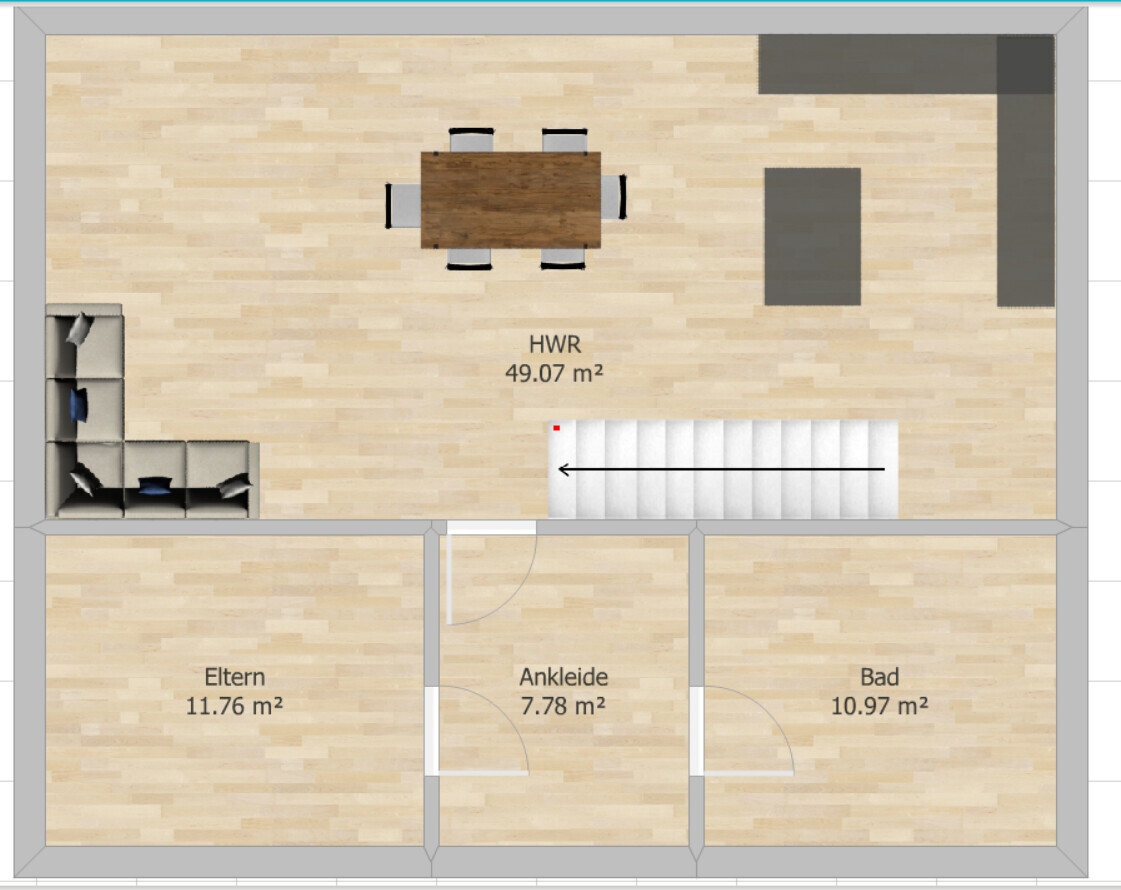 Grundriss eines Apartments: HWR, Elternzimmer, Ankleide, Bad; Esstisch, Sofa, Treppe.