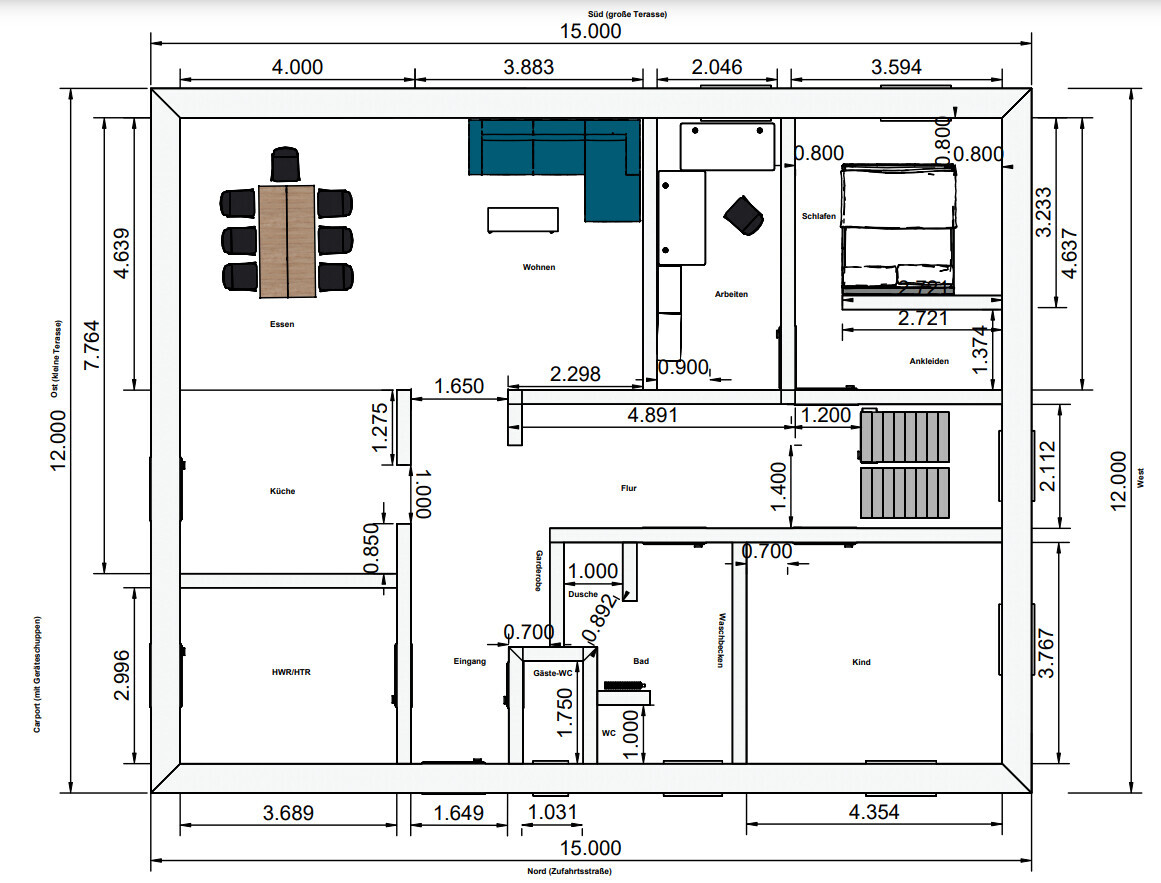 Grundriss eines Hauses mit Küche, Essen, Wohnen, Schlafen, Bad, Flur, Kinderzimmer.