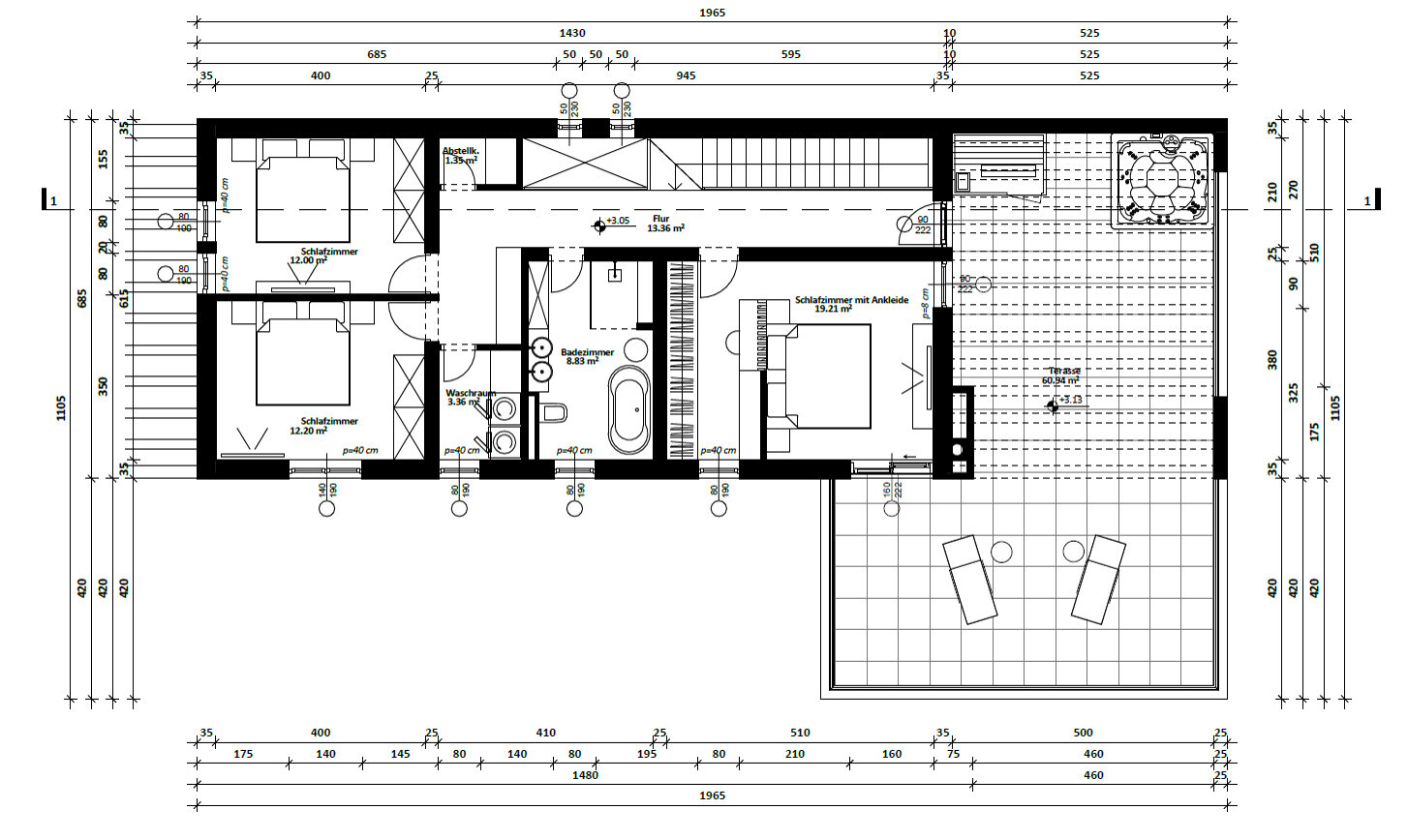 Zweidimensionaler Hausgrundriss mit Schlafzimmer, Bad, Küche und Terrasse