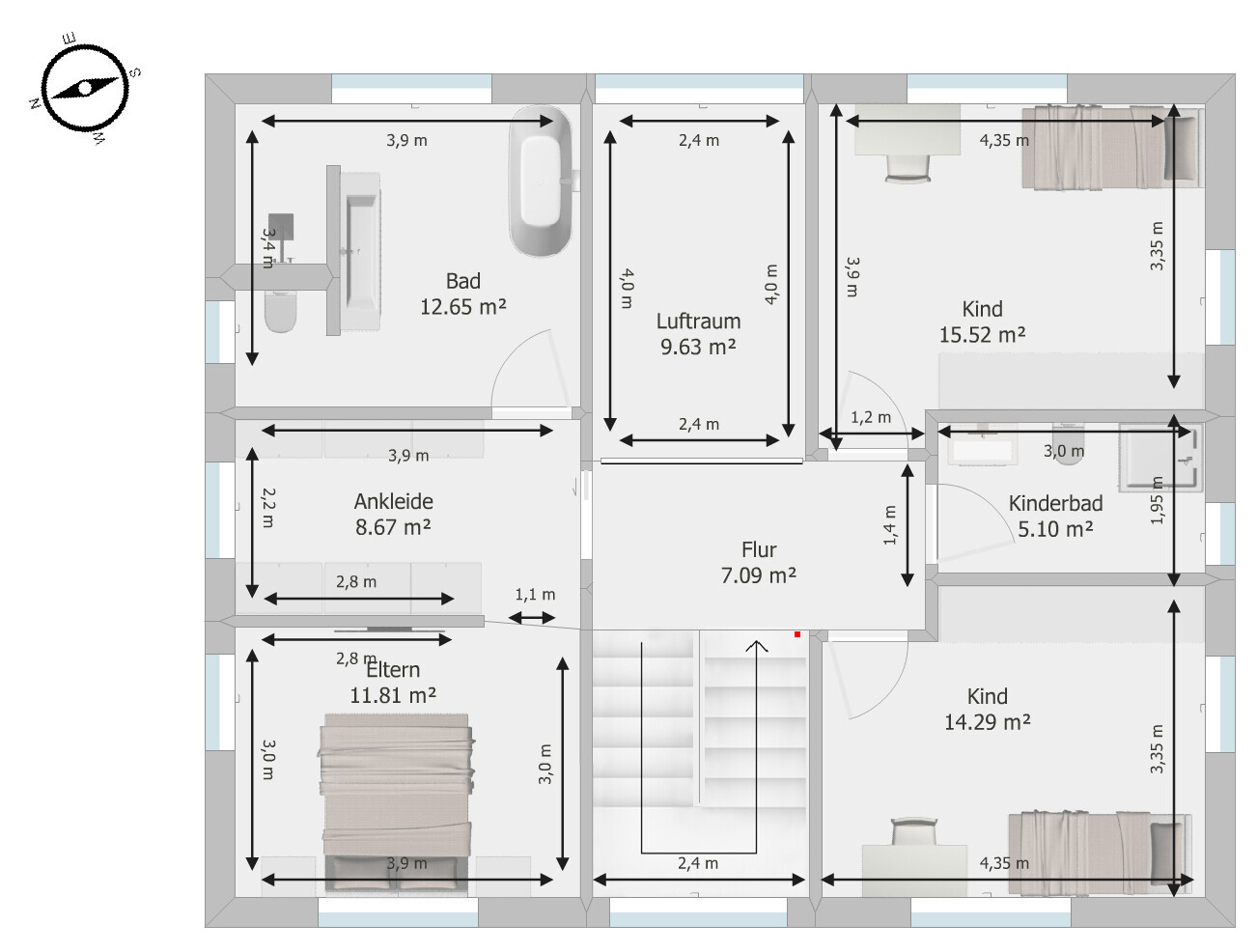 2D-Hausgrundriss mit Bad, Flur, Eltern- und Kinderzimmern, Ankleide und Treppen, Maße
