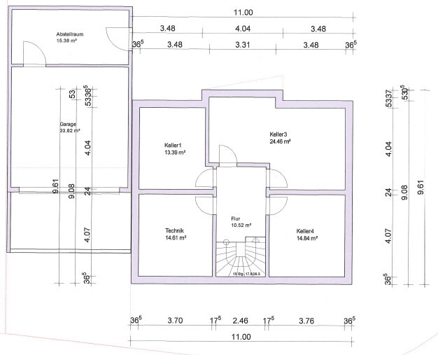 Grundriss Kellergeschoss: Flur, Treppenhaus, Keller 1–4, Technik, Abstellraum und Garage.