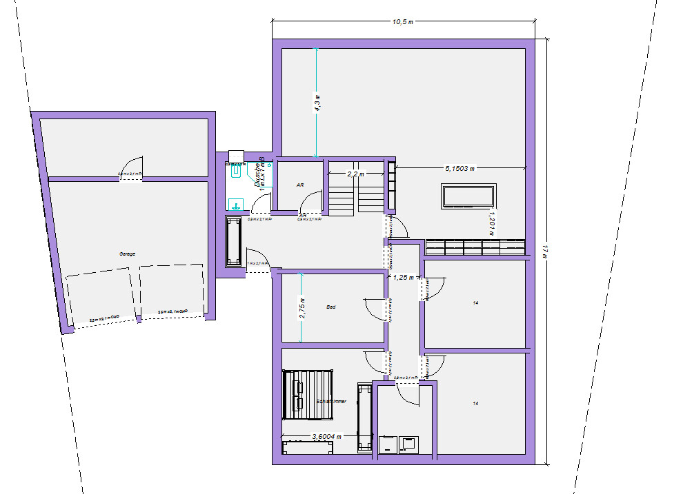 Grundriss eines Hauses: Garage links, Treppe, Flur, Bad, Zimmer, und großer Raum rechts oben.