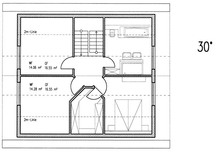 Grundriss eines kleinen Apartments: zentrale Treppe, zwei Räume links, Küche rechts, 30° Ansicht