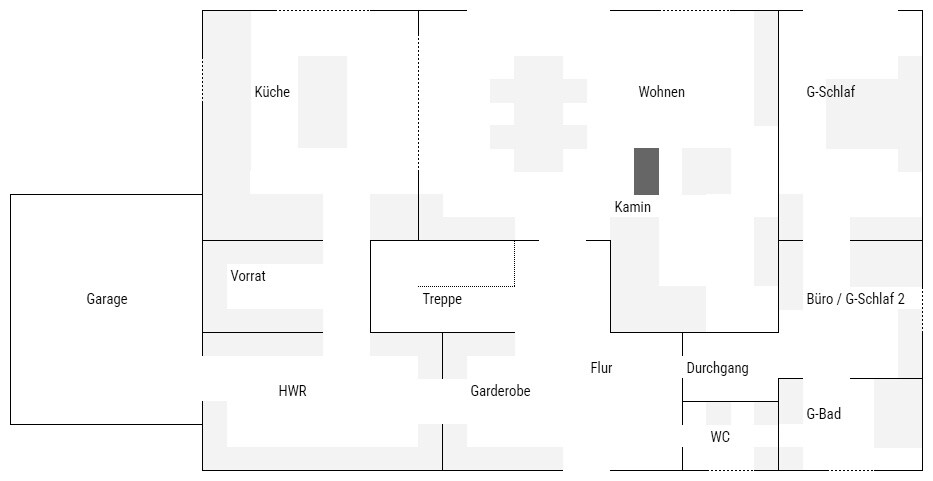 Grundriss eines Hauses mit Küche, Wohnzimmer, Flur, Treppe, Garage und Bad.
