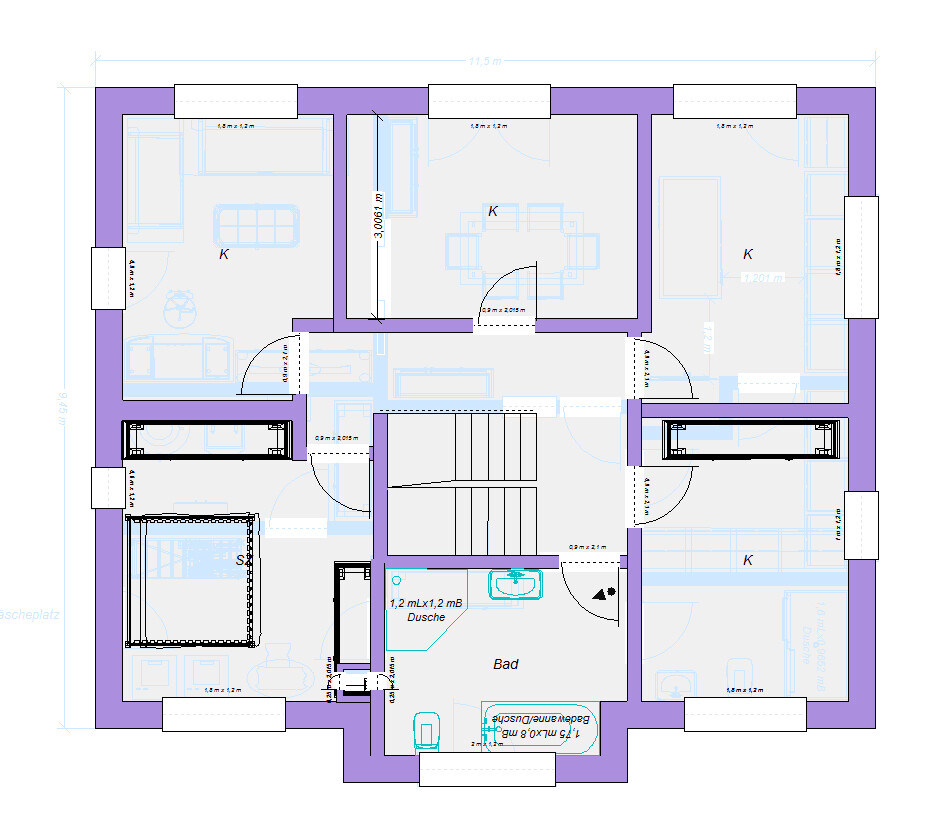 Grundriss eines Wohnhauses mit mehreren Zimmern, Küche, Bad und Treppenhaus.