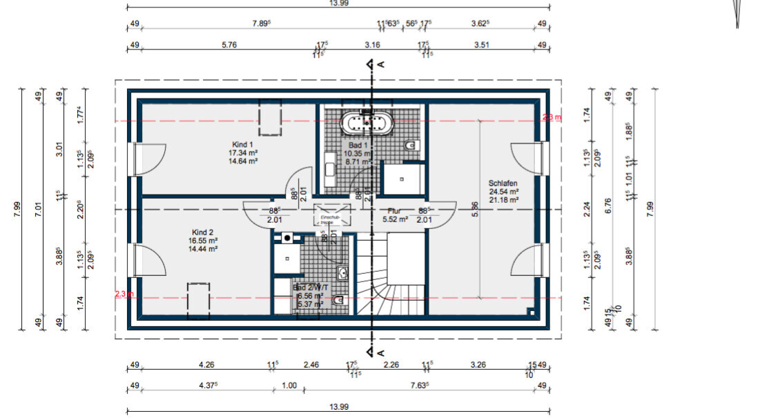 2D-Grundriss eines Hauses mit Schlafzimmer, Kinderzimmern, Bad und Flur